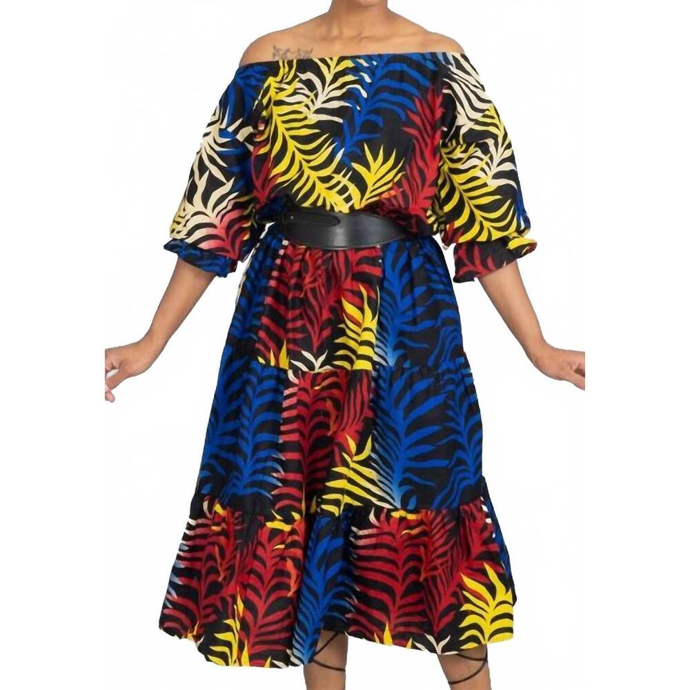 NEW KARA CHIC pattern off-shoulder dress in blue multi